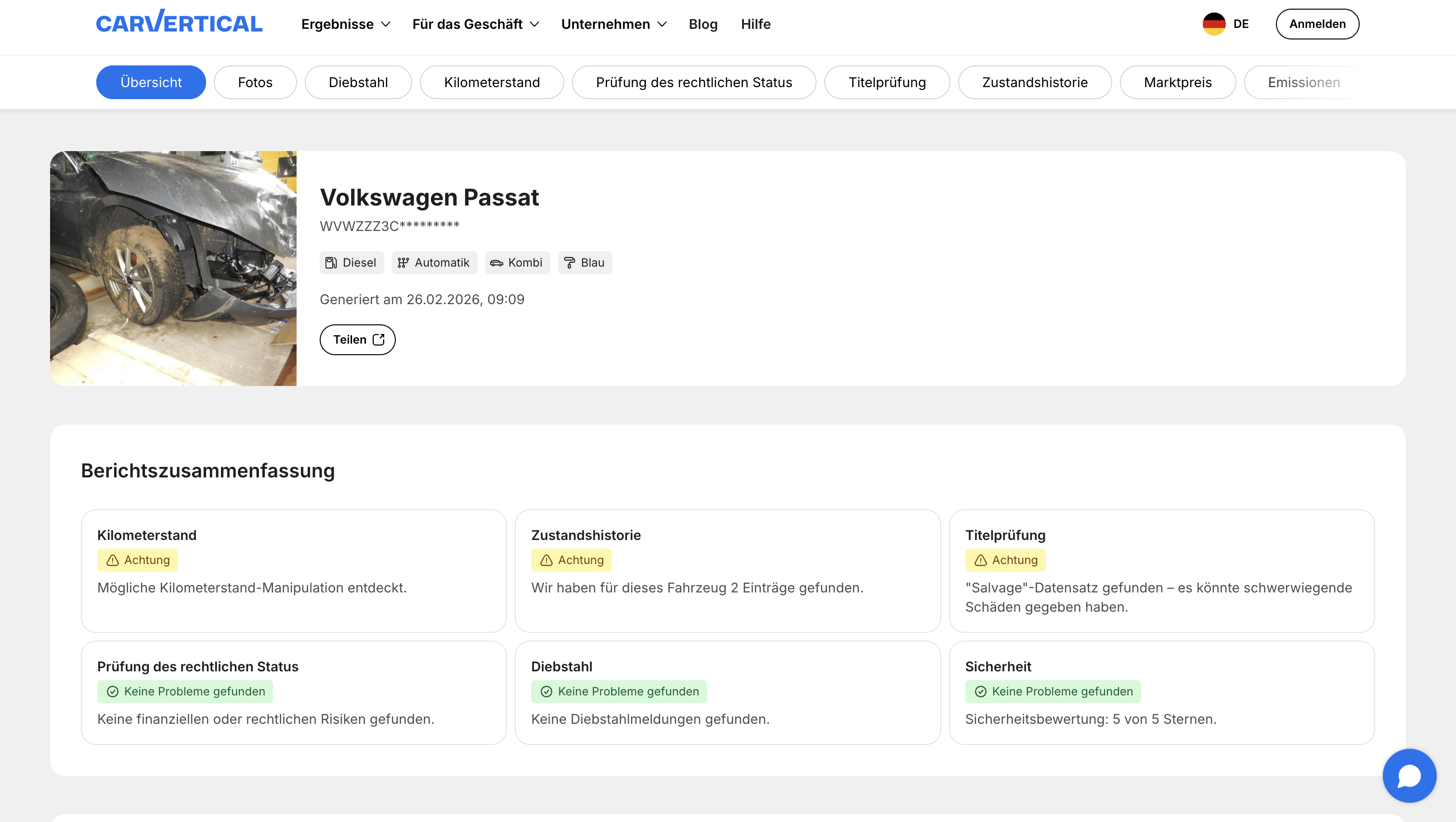 Übersicht eines carVertical-Musterberichts